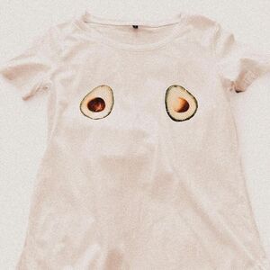 Avocado Boob Cartoon Tee – Funny Graphic White Top (Sz S)